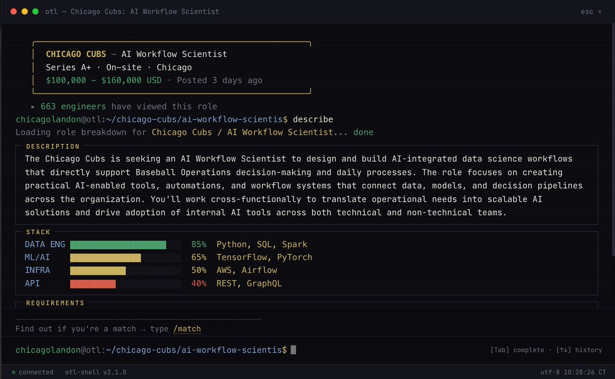 OneTwoLoop terminal view: Chicago Cubs AI Workflow Scientist role breakdown